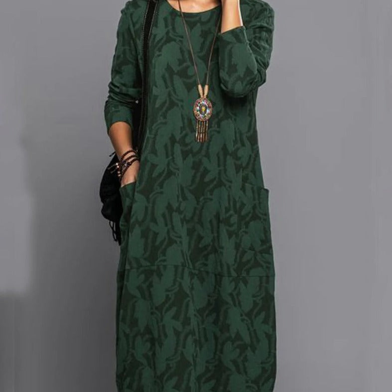 Damenkleid mit langen Ärmeln, Taschen und Vintage-Muster