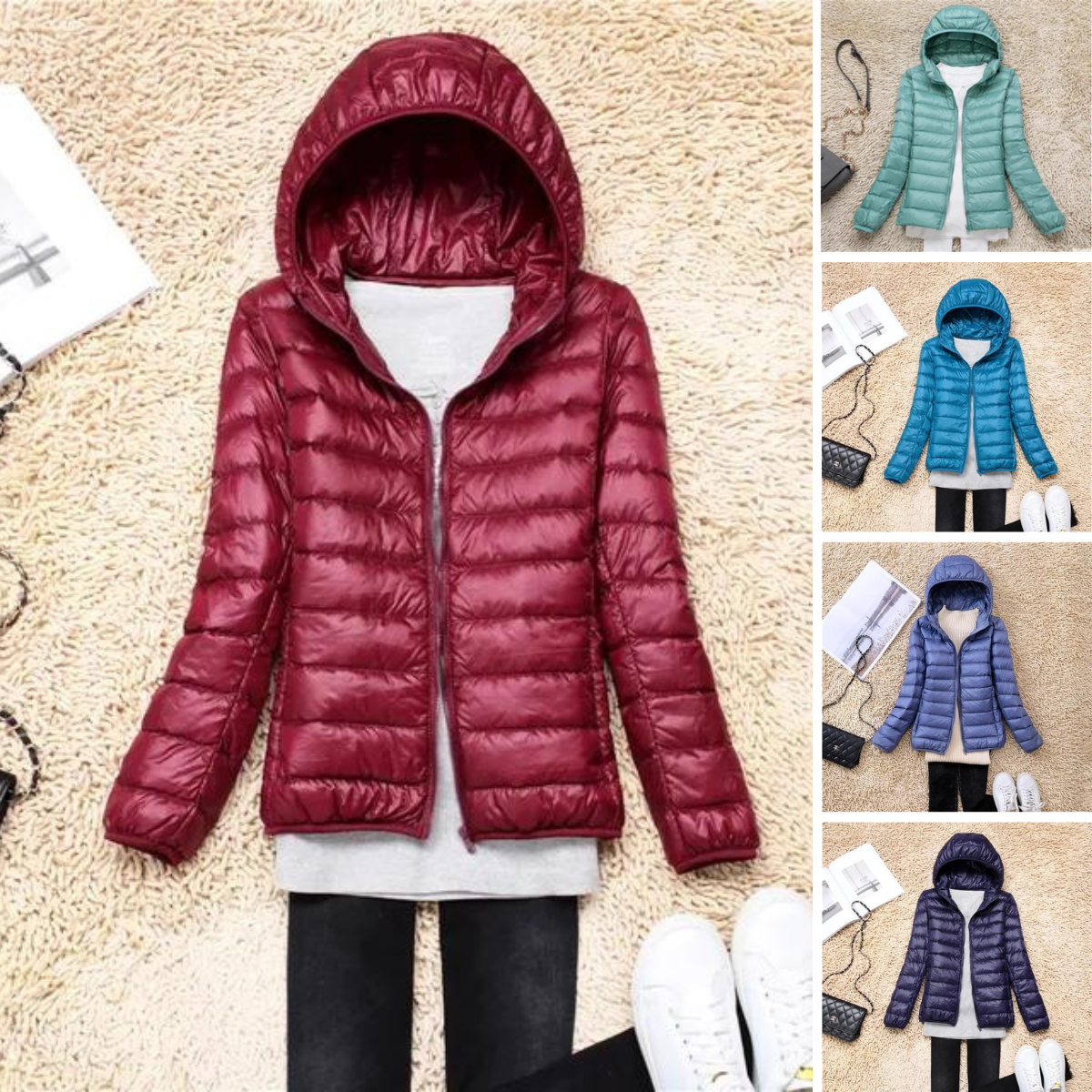 Ultraleichte, verstaubare Damen-Steppjacke mit Kapuze