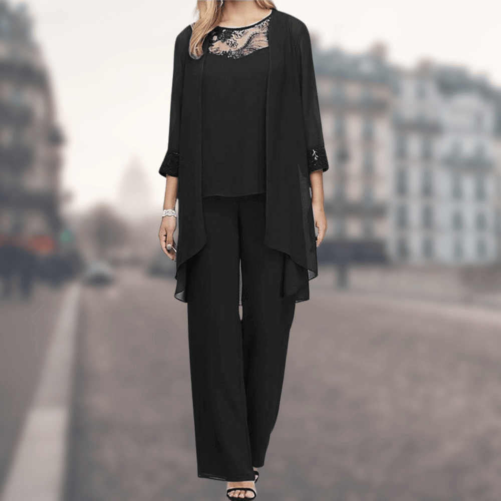 Dreiteiliges Damen-Ensemble aus Kleid, Jacke und Gürtel