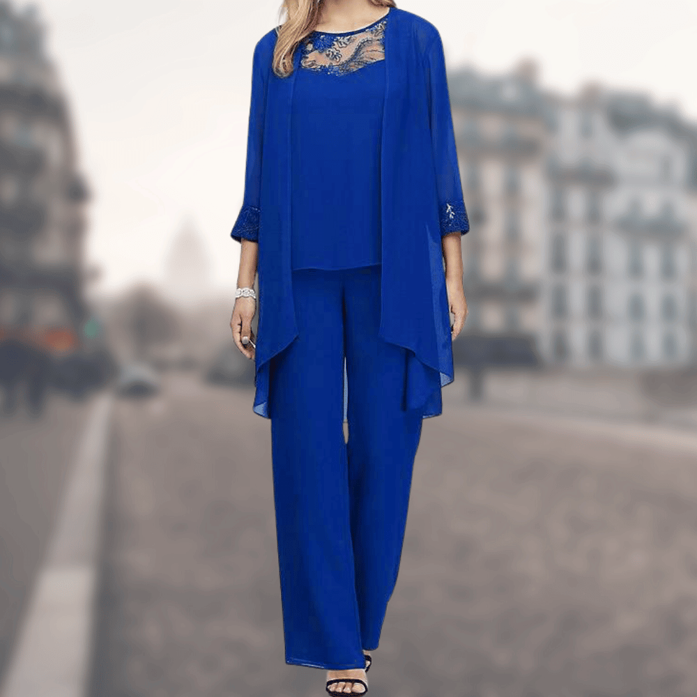 Dreiteiliges Damen-Ensemble aus Kleid, Jacke und Gürtel