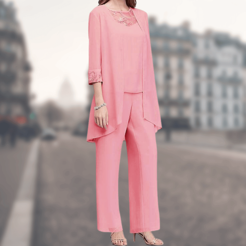 Dreiteiliges Damen-Ensemble aus Kleid, Jacke und Gürtel