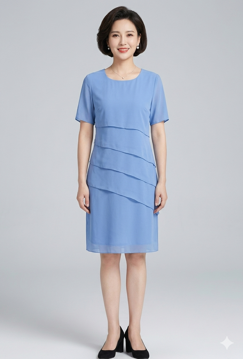 Damen-Chiffonkleid mit kurzen Ärmeln und Stufenvolants