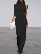 Ärmelloser Damen-Jumpsuit mit Rundhalsausschnitt und weitem Bein