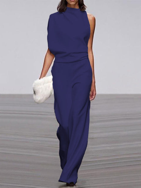 Ärmelloser Damen-Jumpsuit mit Rundhalsausschnitt und weitem Bein