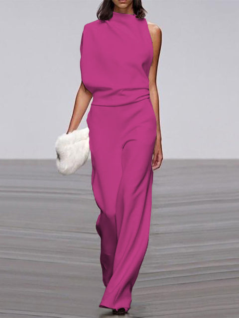Ärmelloser Damen-Jumpsuit mit Rundhalsausschnitt und weitem Bein