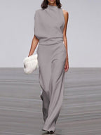 Ärmelloser Damen-Jumpsuit mit Rundhalsausschnitt und weitem Bein