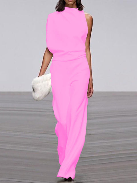 Ärmelloser Damen-Jumpsuit mit Rundhalsausschnitt und weitem Bein