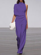 Ärmelloser Damen-Jumpsuit mit Rundhalsausschnitt und weitem Bein