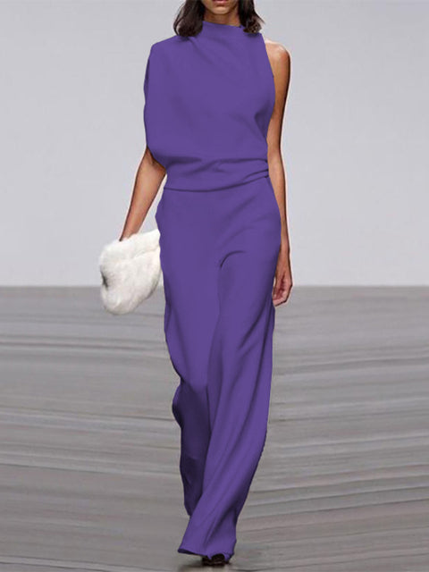 Ärmelloser Damen-Jumpsuit mit Rundhalsausschnitt und weitem Bein