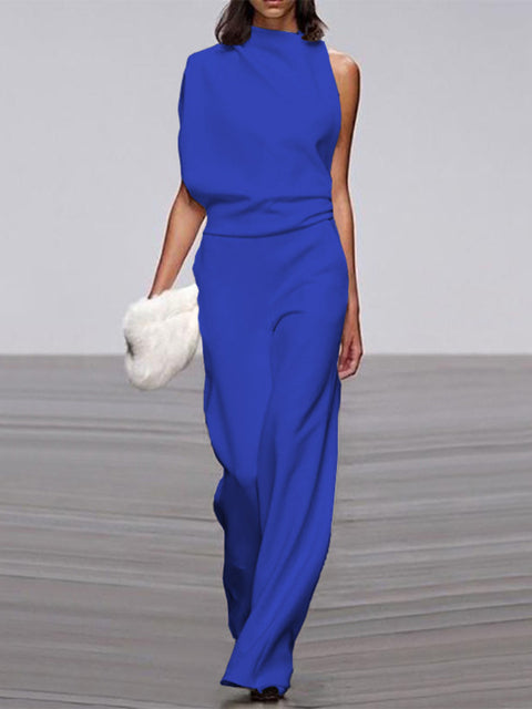 Ärmelloser Damen-Jumpsuit mit Rundhalsausschnitt und weitem Bein