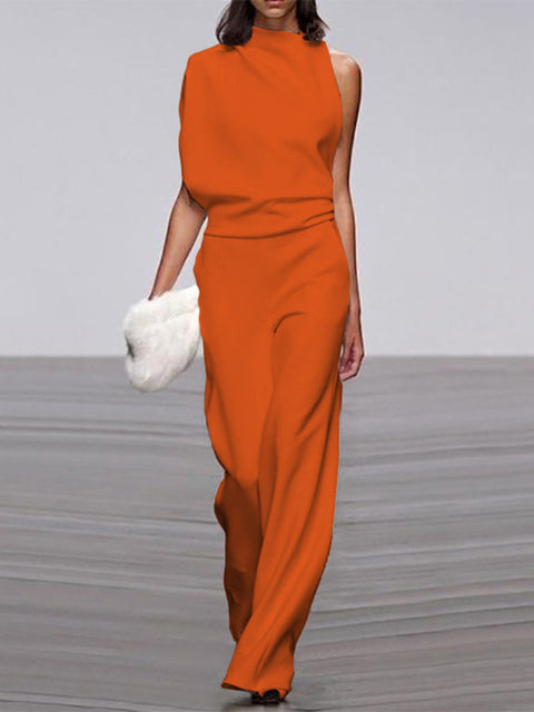 Ärmelloser Damen-Jumpsuit mit Rundhalsausschnitt und weitem Bein