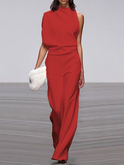 Ärmelloser Damen-Jumpsuit mit Rundhalsausschnitt und weitem Bein