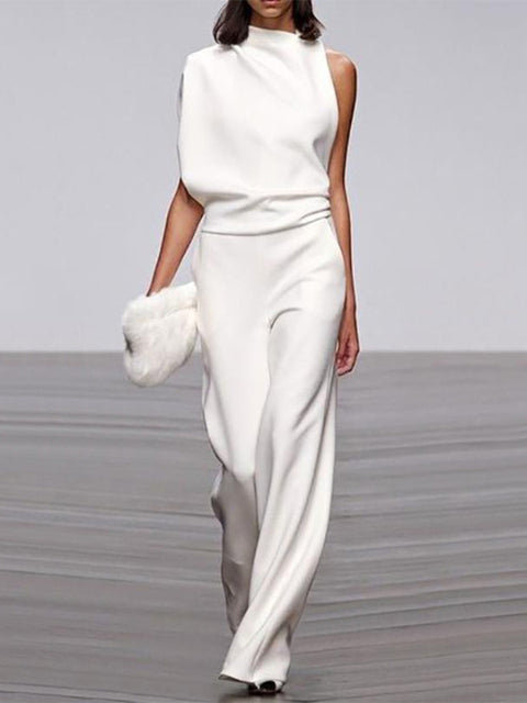 Ärmelloser Damen-Jumpsuit mit Rundhalsausschnitt und weitem Bein