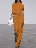 Ärmelloser Damen-Jumpsuit mit Rundhalsausschnitt und weitem Bein