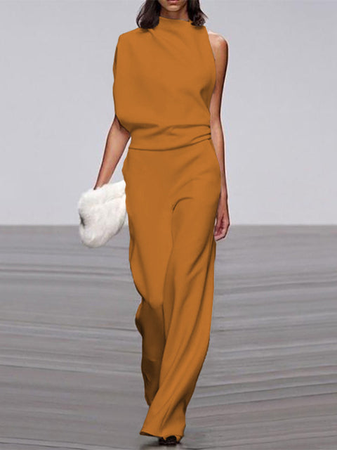 Ärmelloser Damen-Jumpsuit mit Rundhalsausschnitt und weitem Bein