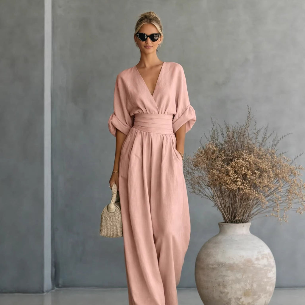 Weit geschnittener Damen-Jumpsuit mit V-Ausschnitt und Drapierungen
