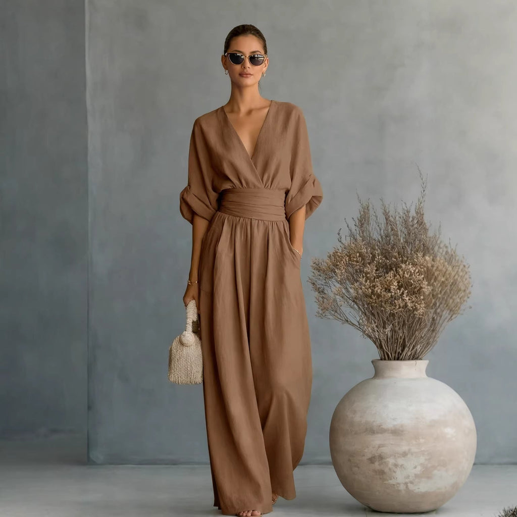 Weit geschnittener Damen-Jumpsuit mit V-Ausschnitt und Drapierungen