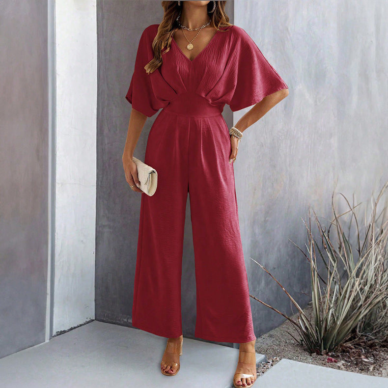Weit geschnittener Damen-Jumpsuit mit V-Ausschnitt und Drapierungen
