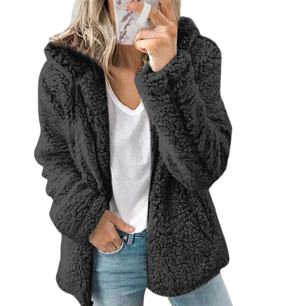 Damen-Teddy-Fleece-Mantel mit Taschen und Reißverschluss
