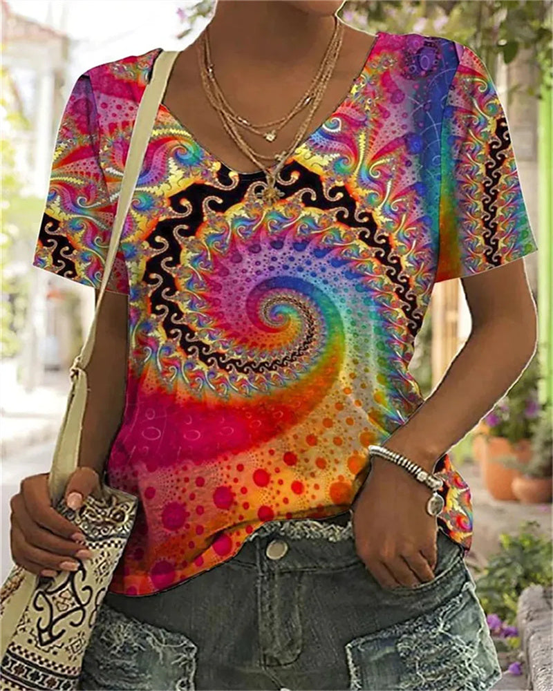 Buntes Damen-T-Shirt mit abstraktem Druck