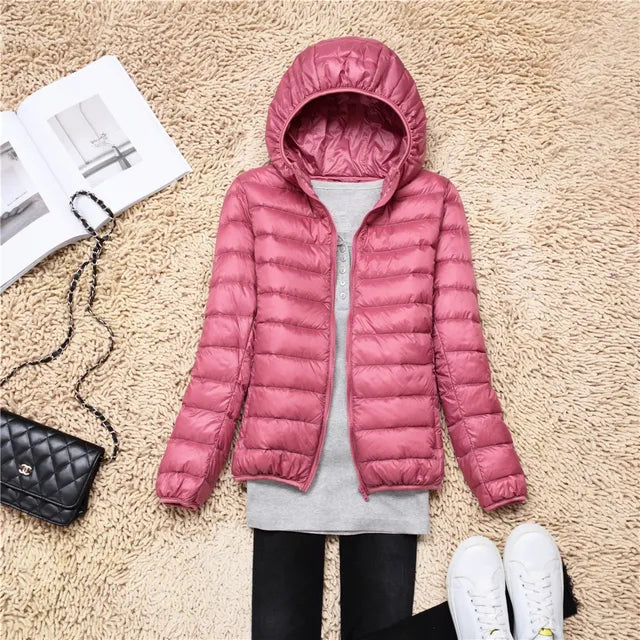 Ultraleichte, verstaubare Damen-Steppjacke mit Kapuze