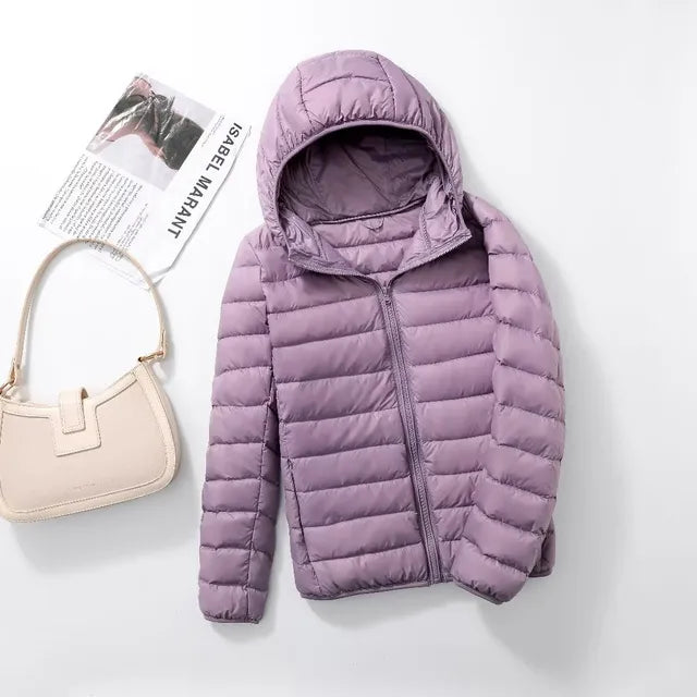 Ultraleichte, verstaubare Damen-Steppjacke mit Kapuze