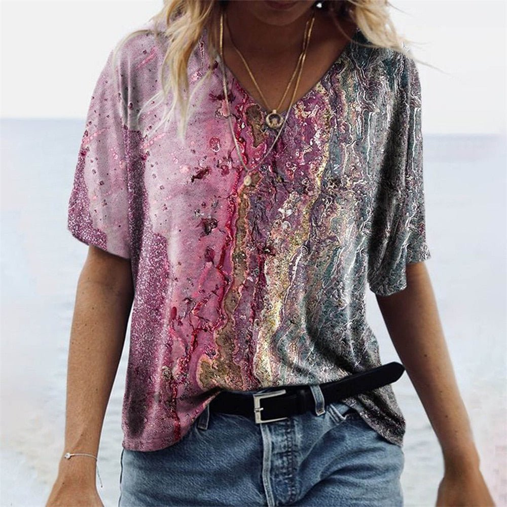 Damen-T-Shirt im Boho-Stil mit Marmormuster