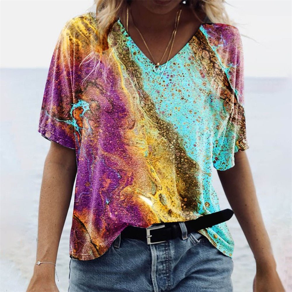 Damen-T-Shirt im Boho-Stil mit Marmormuster