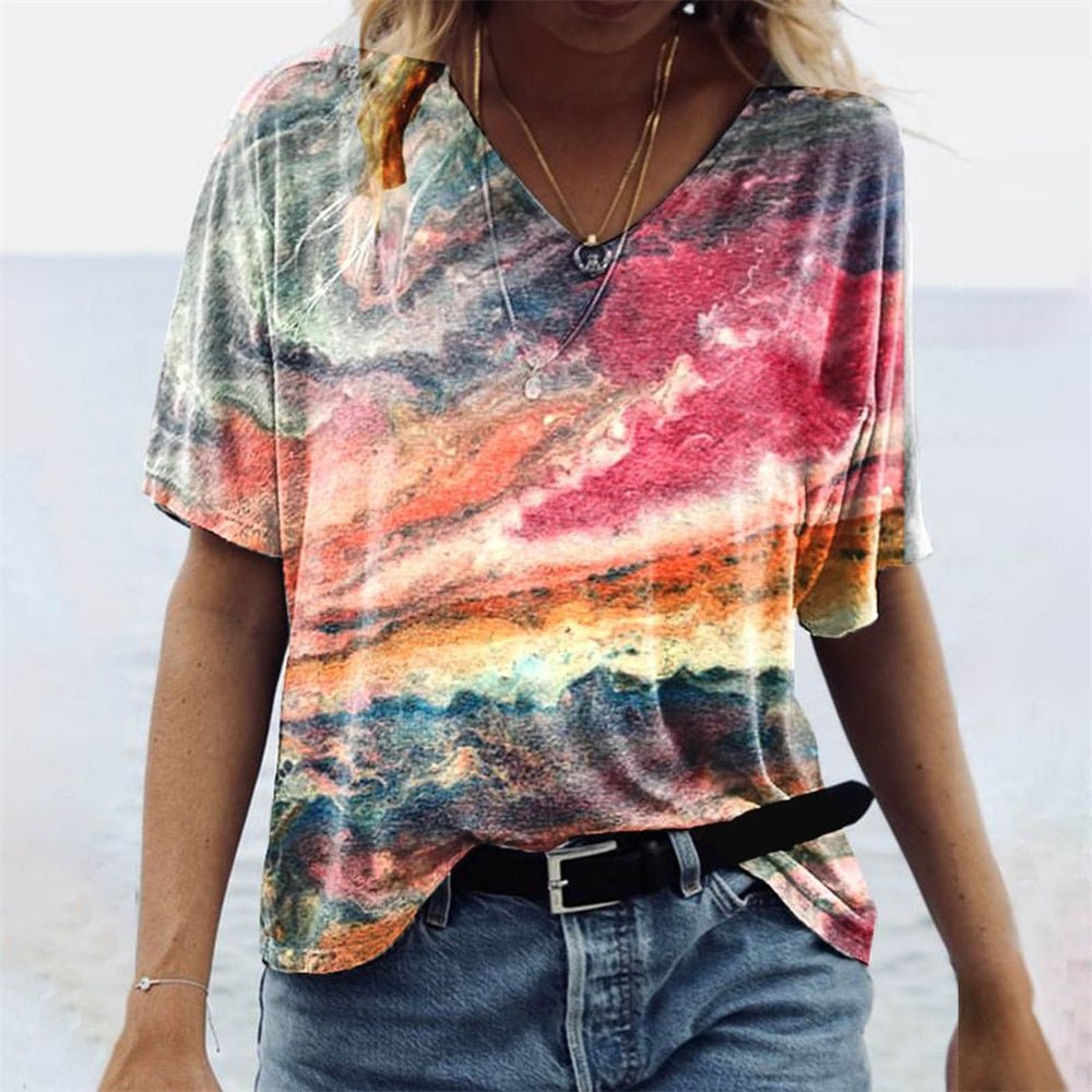 Damen-T-Shirt im Boho-Stil mit Marmormuster