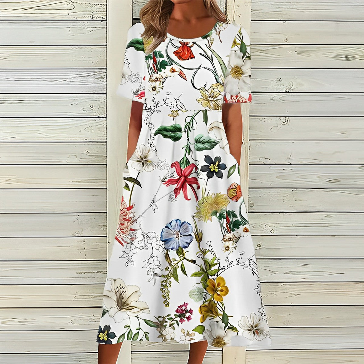 Weißes Damen-Midikleid mit Blumenmuster