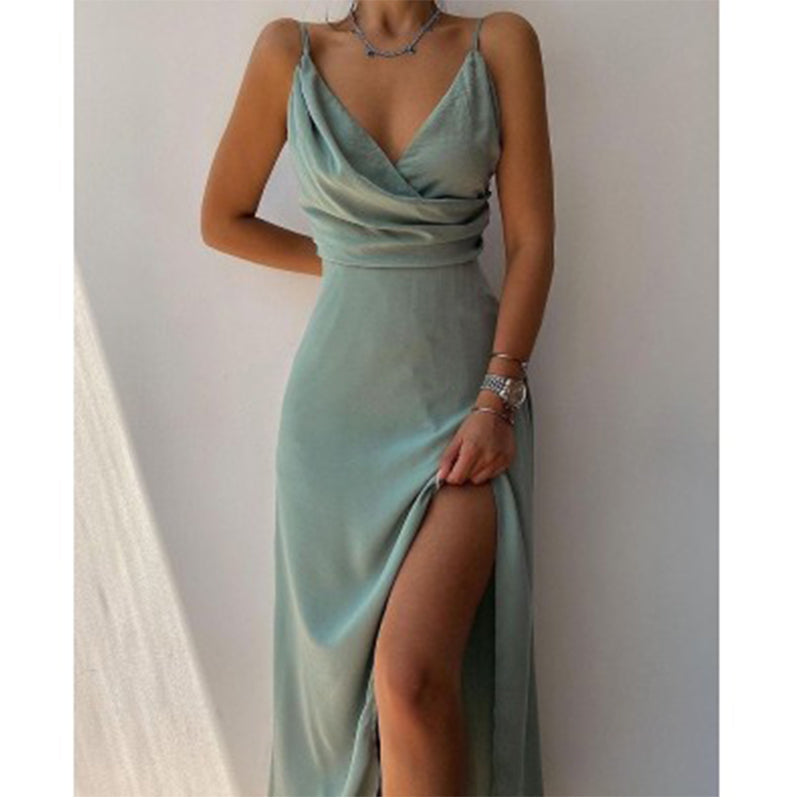 Langes Damen-Abendkleid mit V-Ausschnitt, Spaghettiträgern und Beinschlitz
