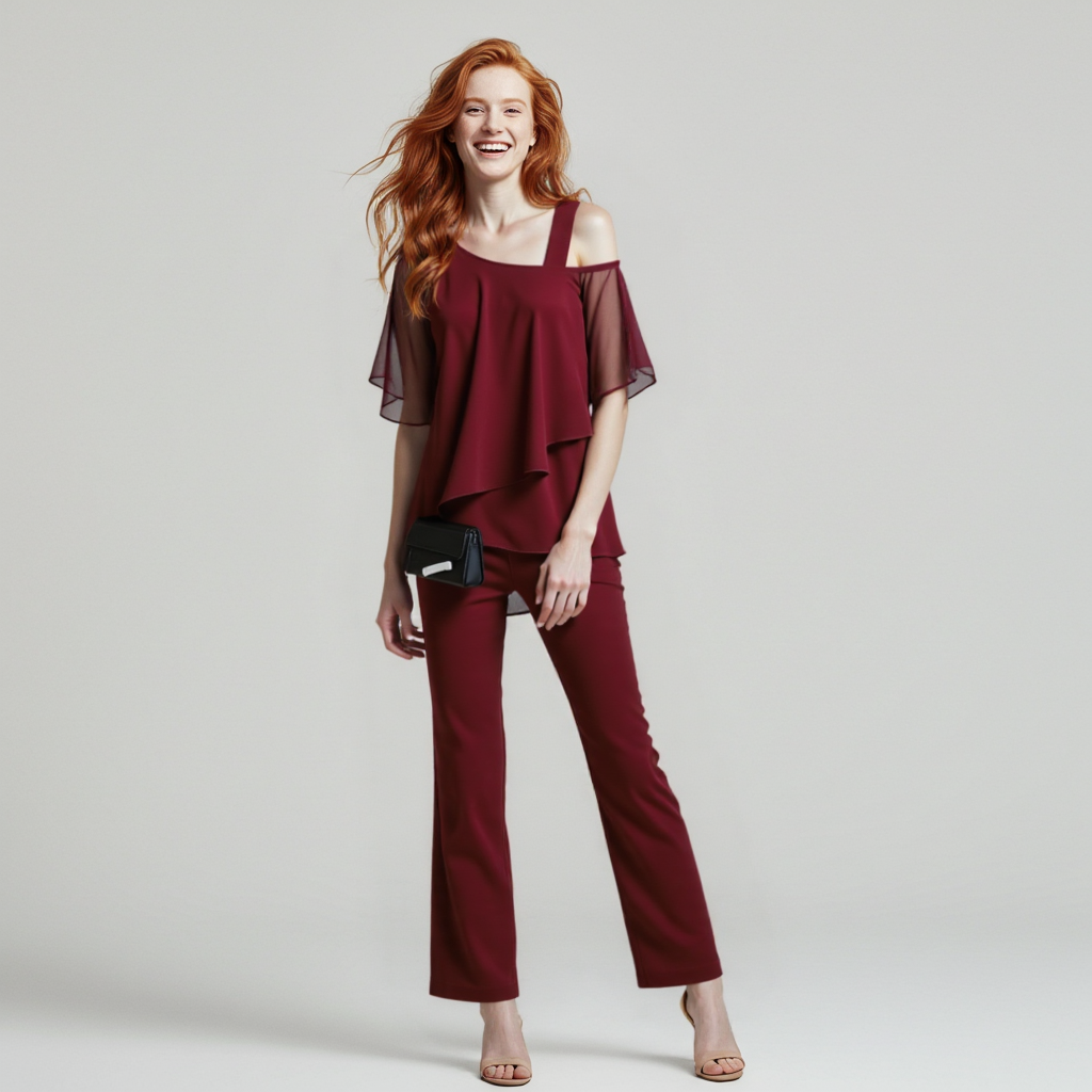 Eleganter Damen-Zweiteiler mit Cold-Shoulder-Bluse und Hose